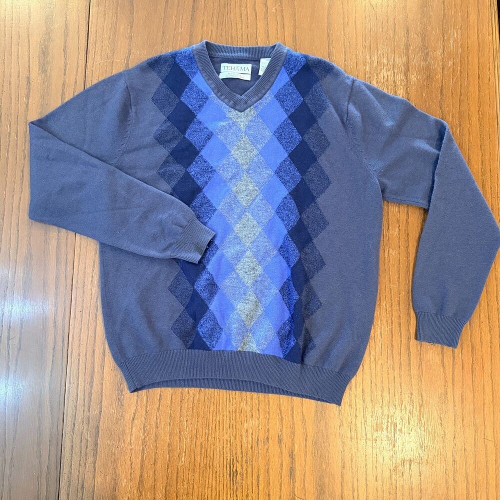 Tehama Mens Argyle V Neck Sweater Merino Silk Cashmere Blue Gray Preppy